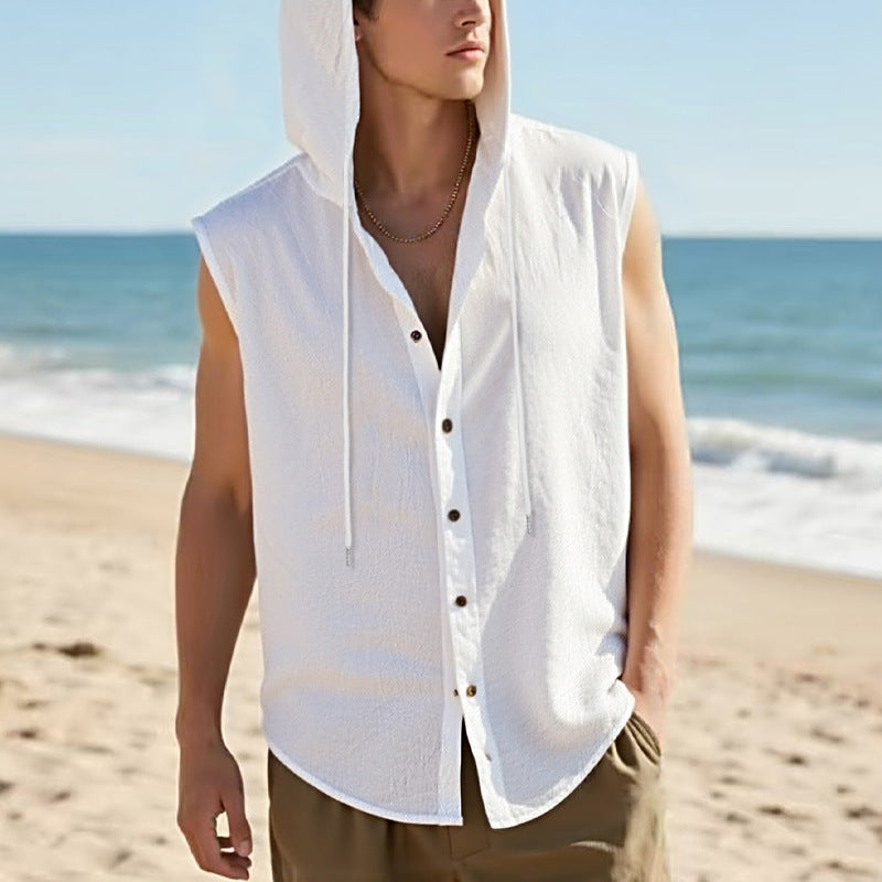 Men's sleeveless hooded shirt in linen look with wooden button placket Mune Fashion