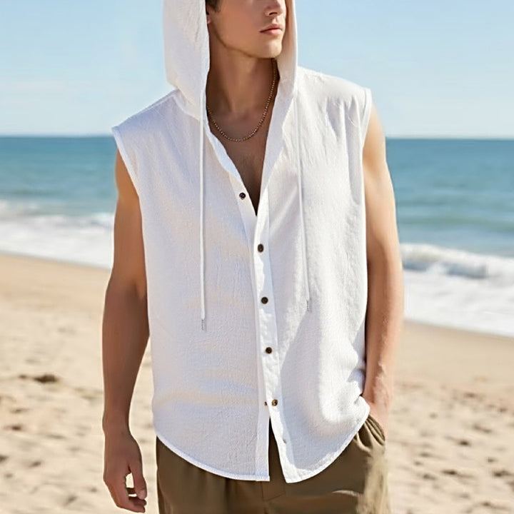 Men's sleeveless hooded shirt in linen look with wooden button placket Mune Fashion