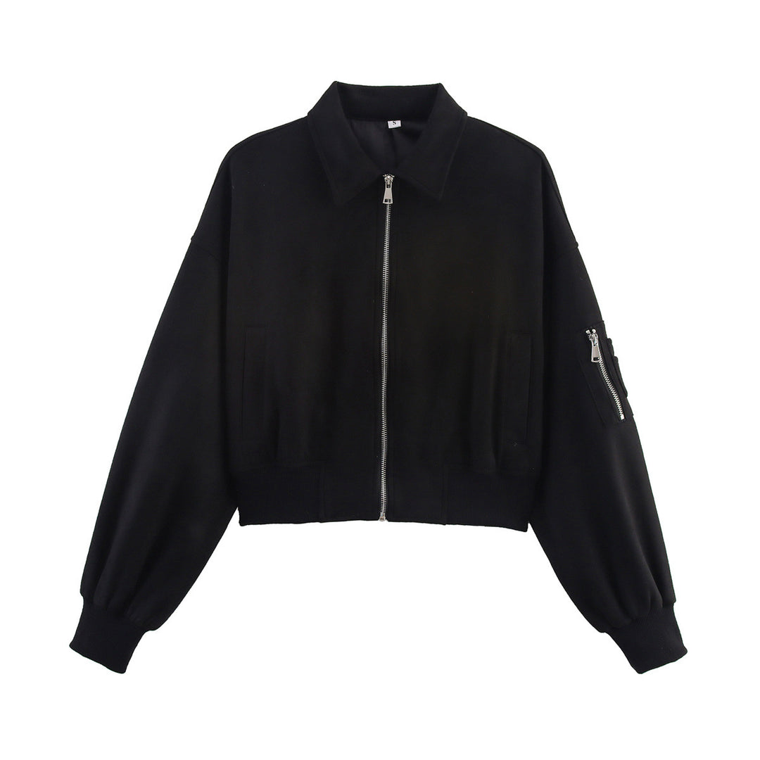 Women's cropped bomber jacket in velour look with shirt collar, sleeve pocket, and fitted ribbed waistband.
