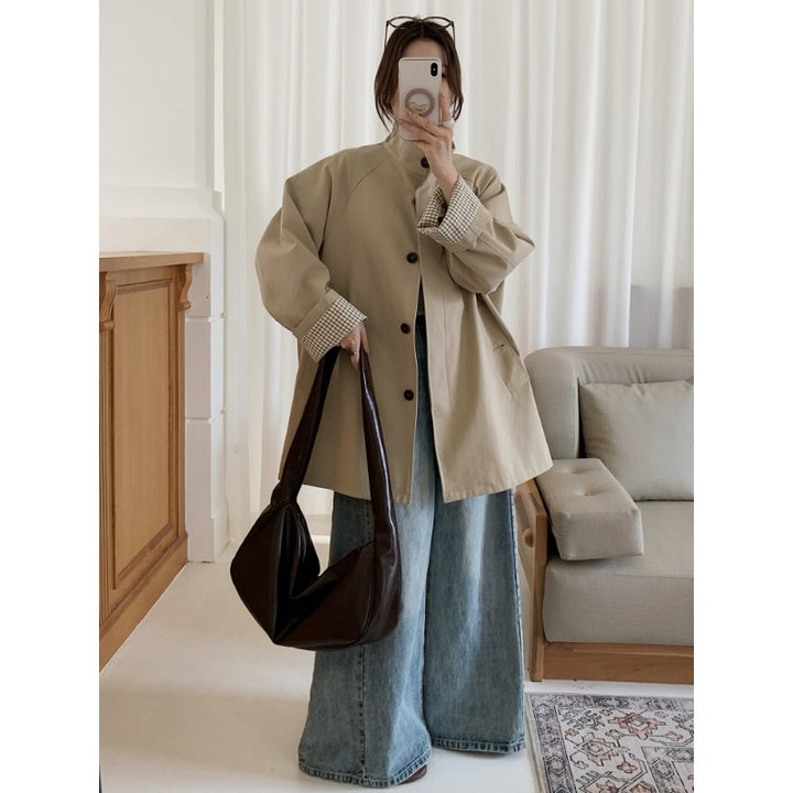 Women Oversized Coat with Stand-Up Collar and Checked Sleeve Hem Mune Fashion