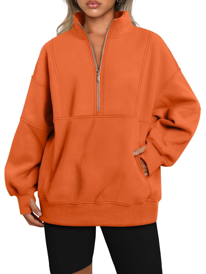 Women's Oversized Sweatshirt with Half Zipper, Stand-Up Collar and Kangaroo Pocket Mune Fashion