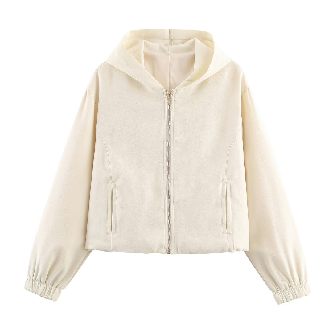 Ladies Boxy Hooded Jacket in Velvet Look with Full Zip and Elastic Hem Mune Fashion