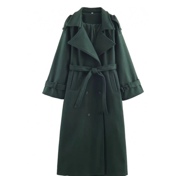 Women’s long double-breasted wool blend trench coat with belt and wide lapels Mune Fashion