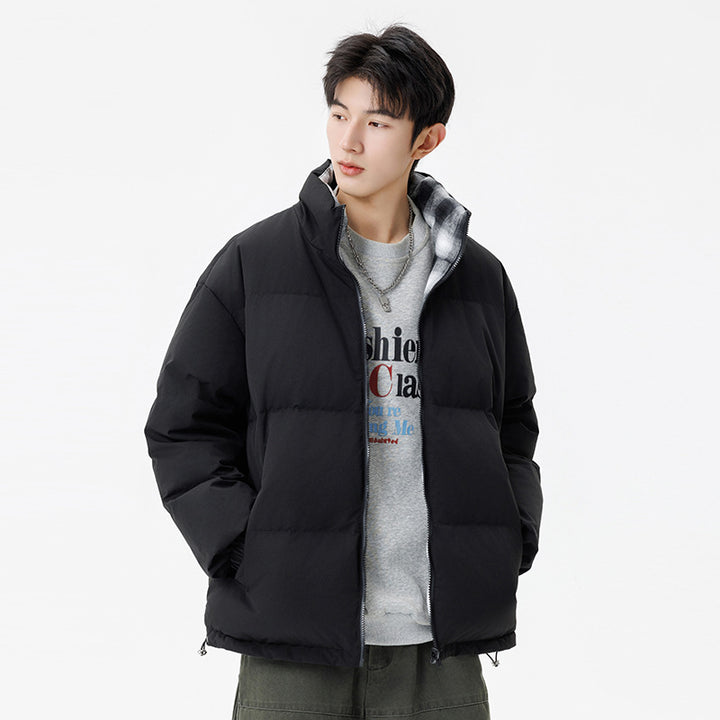 Unisex Padded Transition Jacket with Checked Lining and Stand-Up Collar Drune