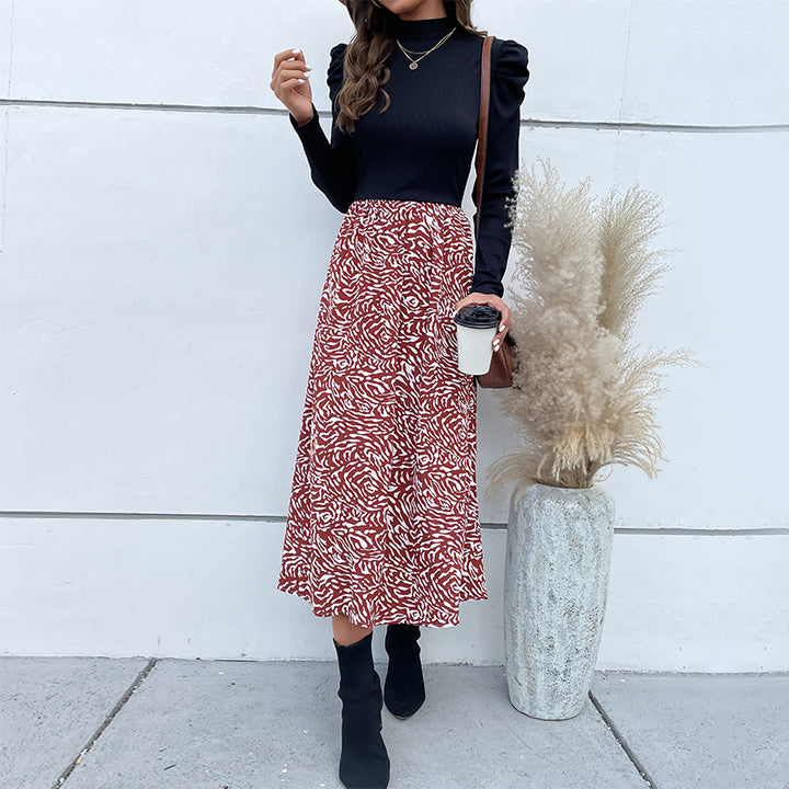 Women's A-Line Midi Skirt with High Waist, Flowing Silhouette and Abstract Print Mune Fashion