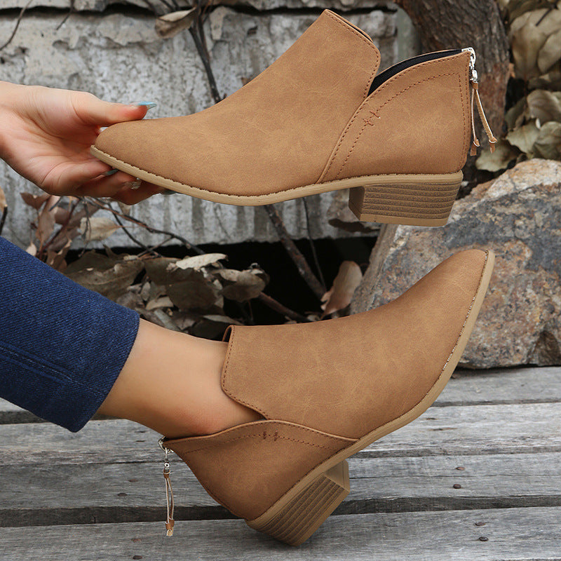 Women's V-Cut Ankle Boots made of soft micro suede with stacked block heel and ergonomic comfort footbed Mune Fashion