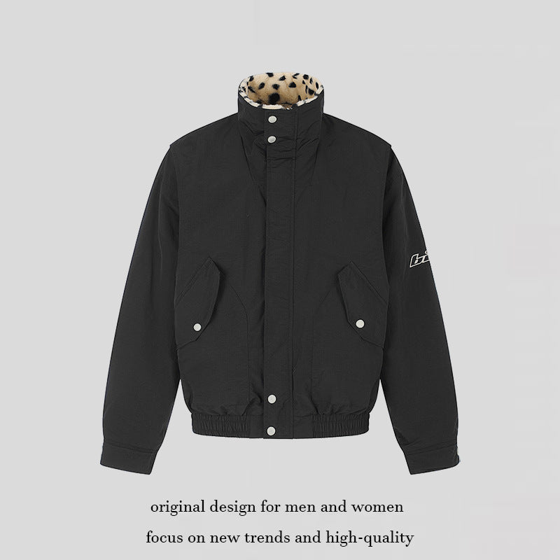 Women's Padded Blouson Jacket with Stand-Up Collar and Leopard Lining Mune Fashion