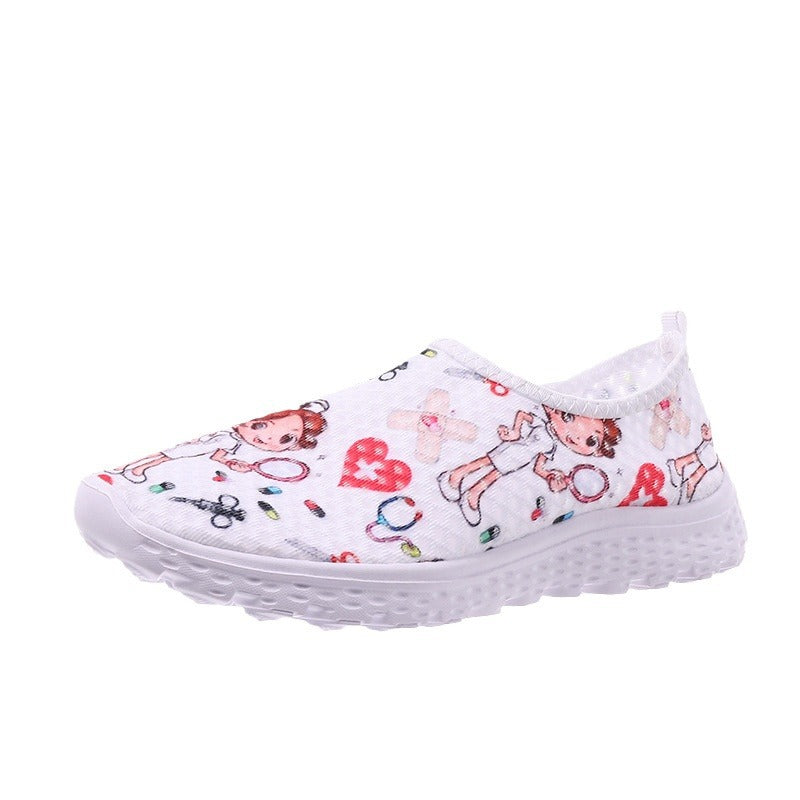 Ladies Playful Slip-On Sneakers with Medical Cartoon Print, Breathable Mesh and Padded Memory Sole Mune Fashion