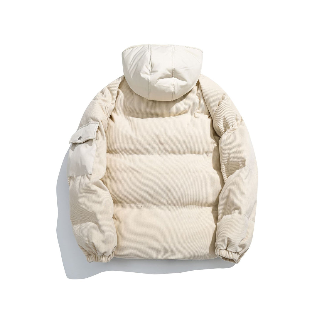Women's cord quilted puffer jacket with hood and utility arm pocket Mune Fashion