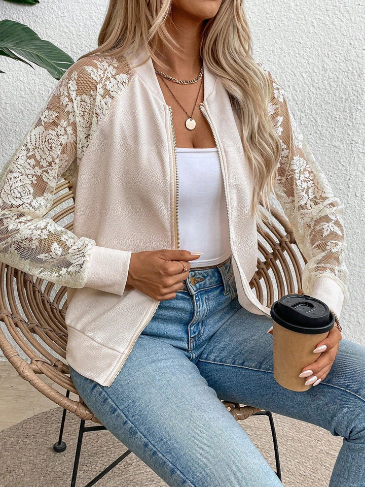 Women's lightweight bomber jacket with floral lace sleeves and zipper Mune Fashion