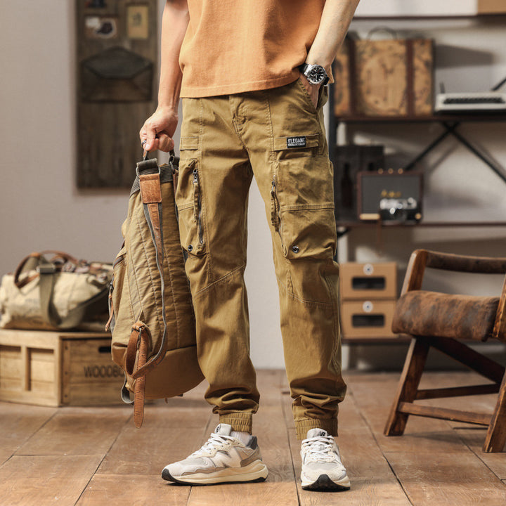 Men's Durable Canvas Cargo Pants in Tactical Look with Knee Panels, Multiple Pockets and Elastic Ankle Cuff Mune Fashion