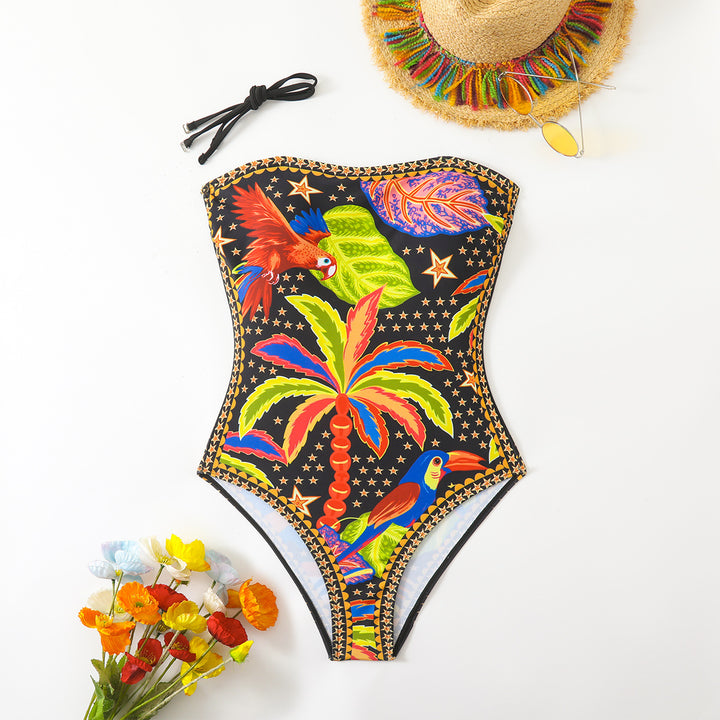 Women's One-Piece Swimsuit with Tropical Pattern and Deep Neckline Mune Fashion