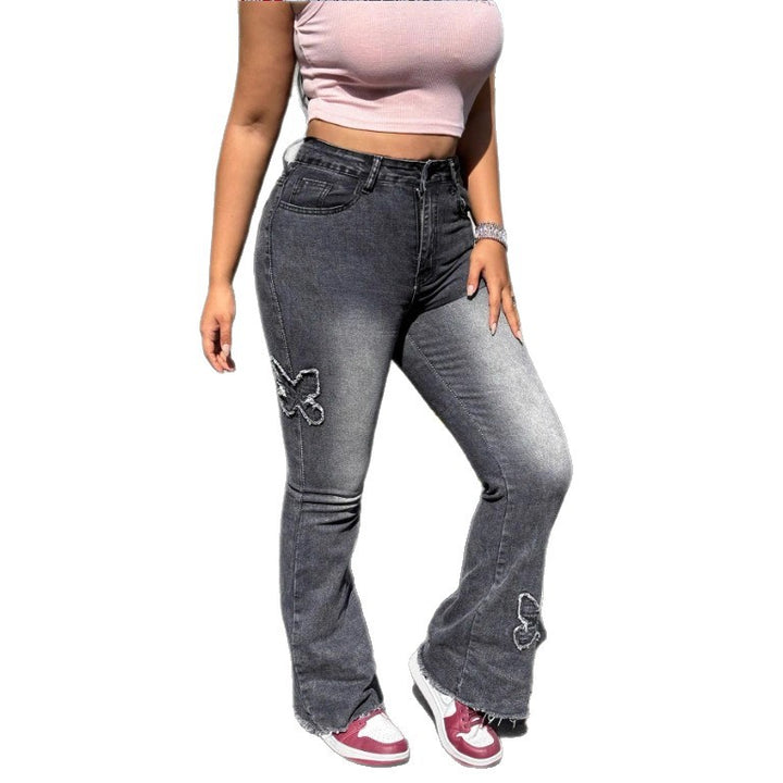 Ladies High-Waisted Flared Jeans with Butterfly Embroidery, Raw Hem and Sculpting Stretch Waistband Mune Fashion