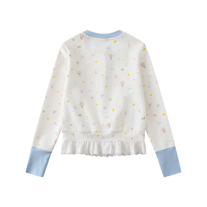 Women's Button-Front Cardigan with Lace Ruffle, Pastel Allover Print and Contrast Cuffs Mune Fashion