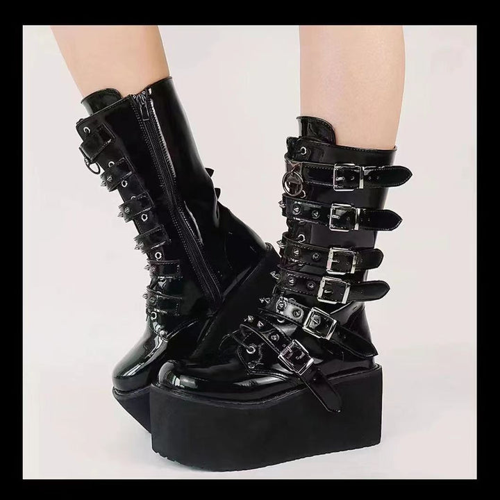 Women knee-high patent platform boots with multiple adjustable buckles and heart-shaped studs Mune Fashion