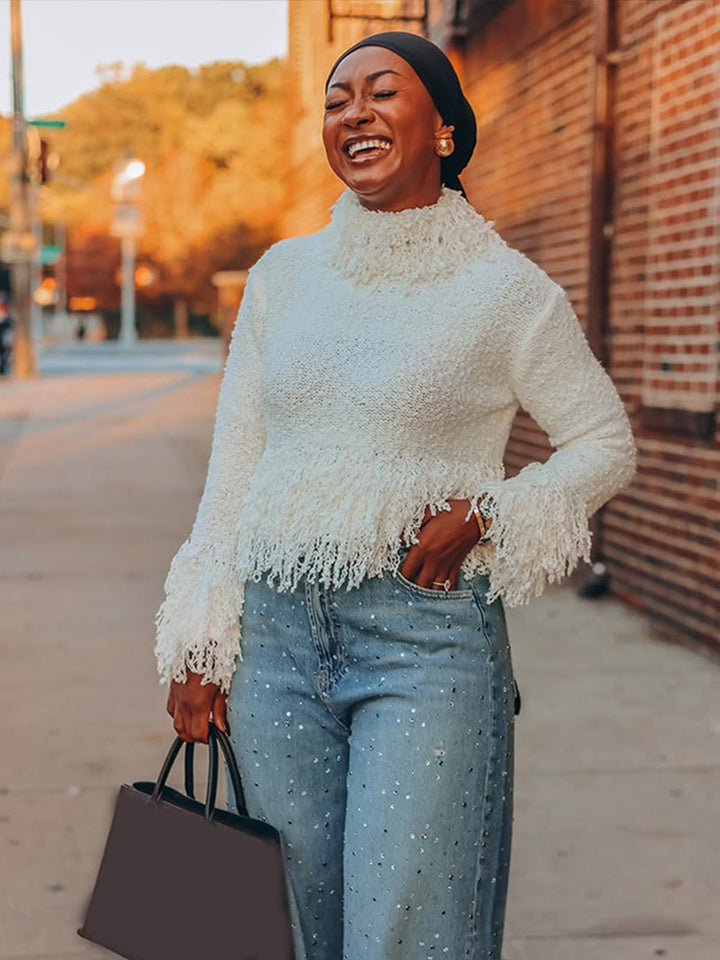 Women Short-Cut Boucle Sweater with Fringes and High Roll Neck Mune Fashion