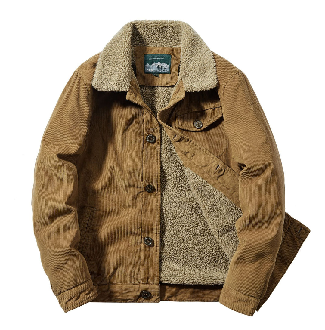 Men's Cord Trucker Jacket with Continuous Sherpa Lining and Shirt Collar Mune Fashion