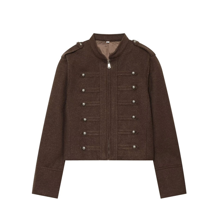 Women's Military Inspired Cropped Wool Blend Jacket with Decorative Button Placket and Stand-Up Collar Mune Fashion