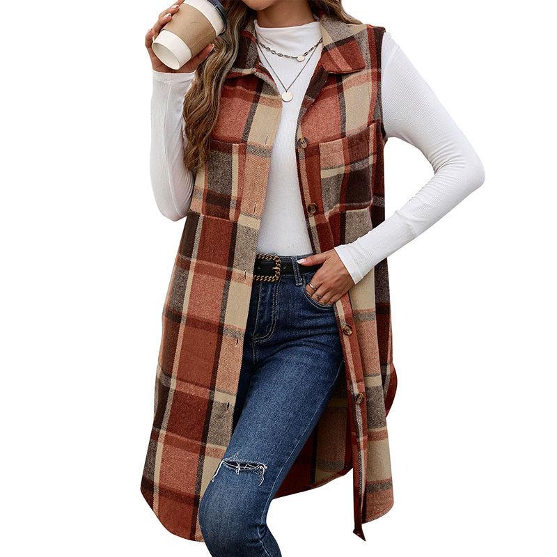 Women's Longer Check Vest with Pockets Mune Fashion
