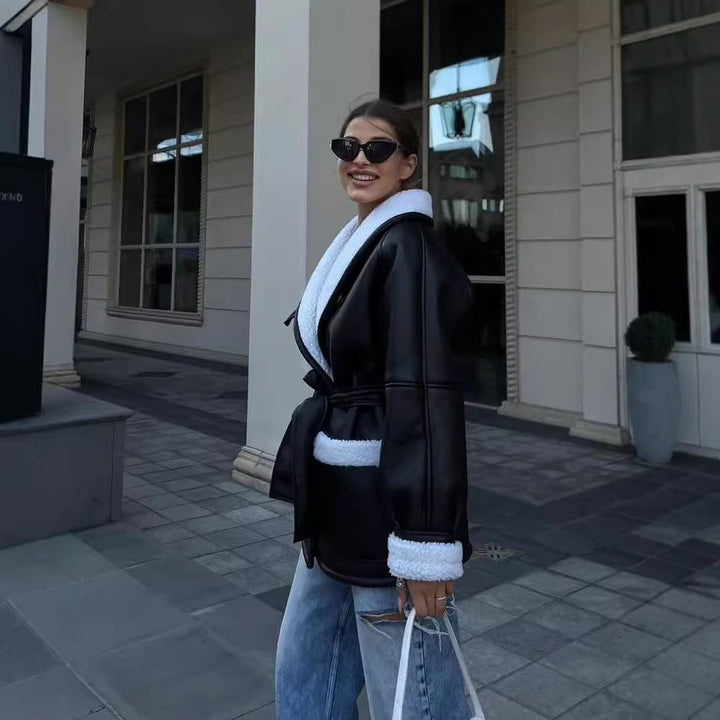 Ladies Short Teddy Coat with Tie Belt and Shawl Collar Mune Fashion