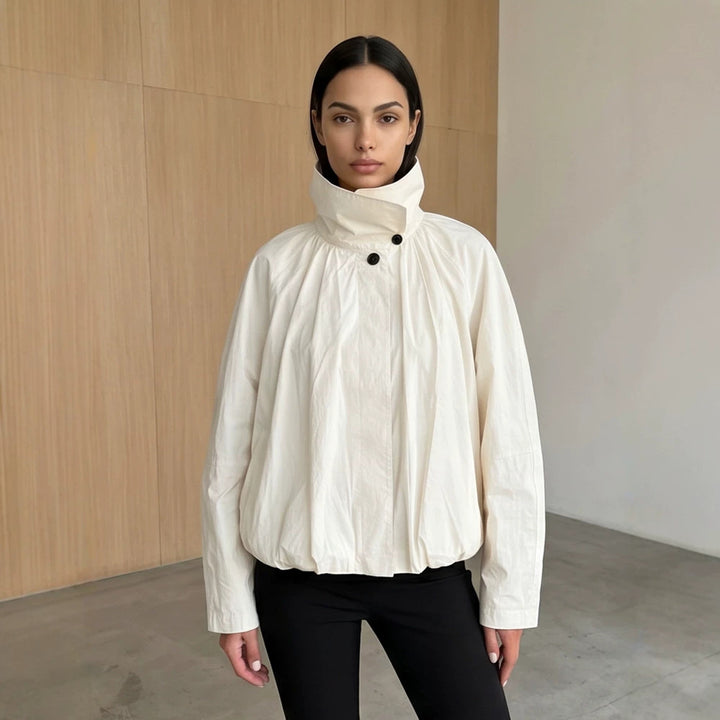 Women's short jacket with high stand-up collar, gathered shoulder area, and elastic hem Mune Fashion
