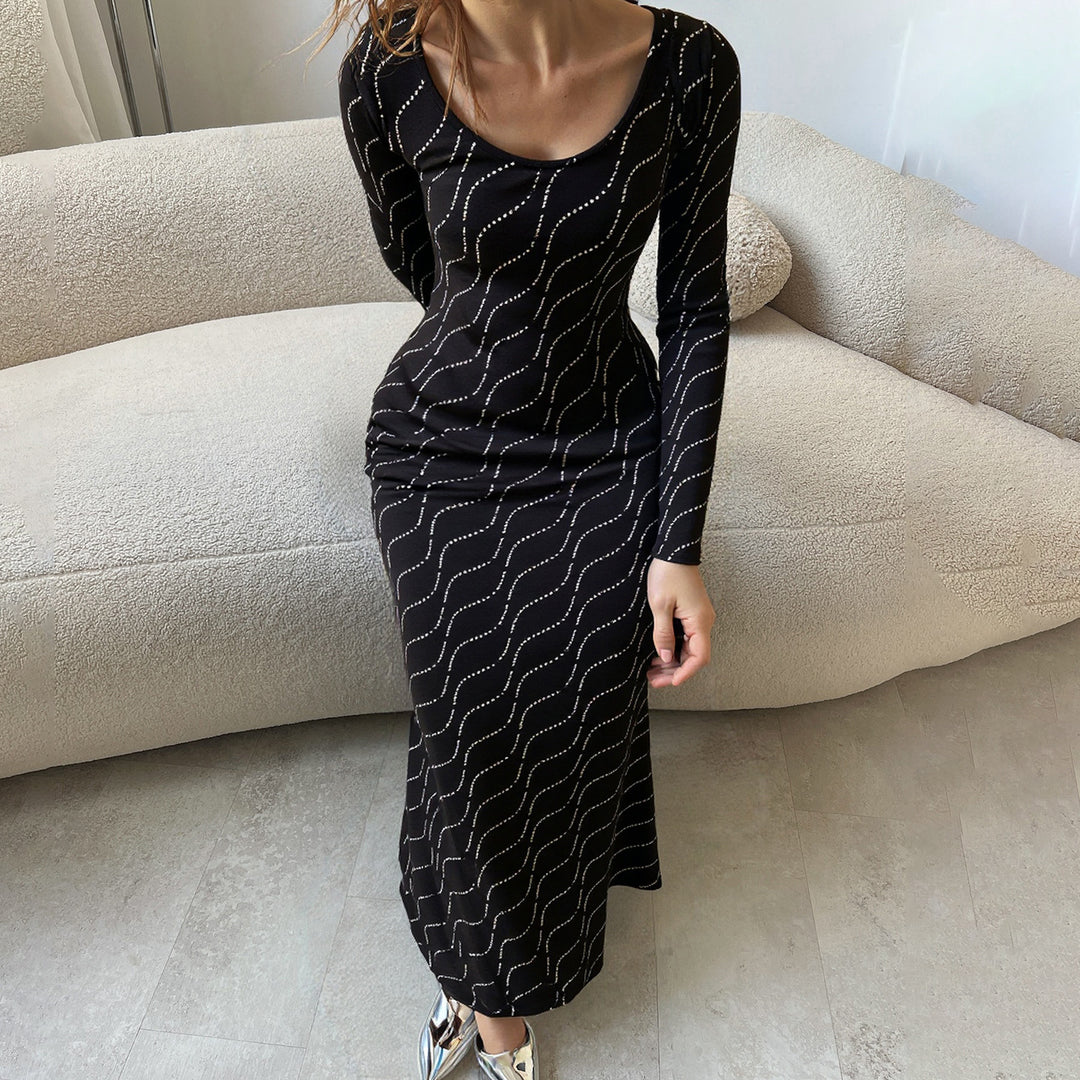 Women's long-sleeved Bodycon Mermaid evening dress with wave rhinestone embellishment Mune Fashion