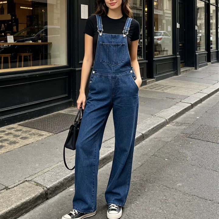 Women's wide denim overalls with high waist, adjustable straps and casual flared legs Mune Fashion