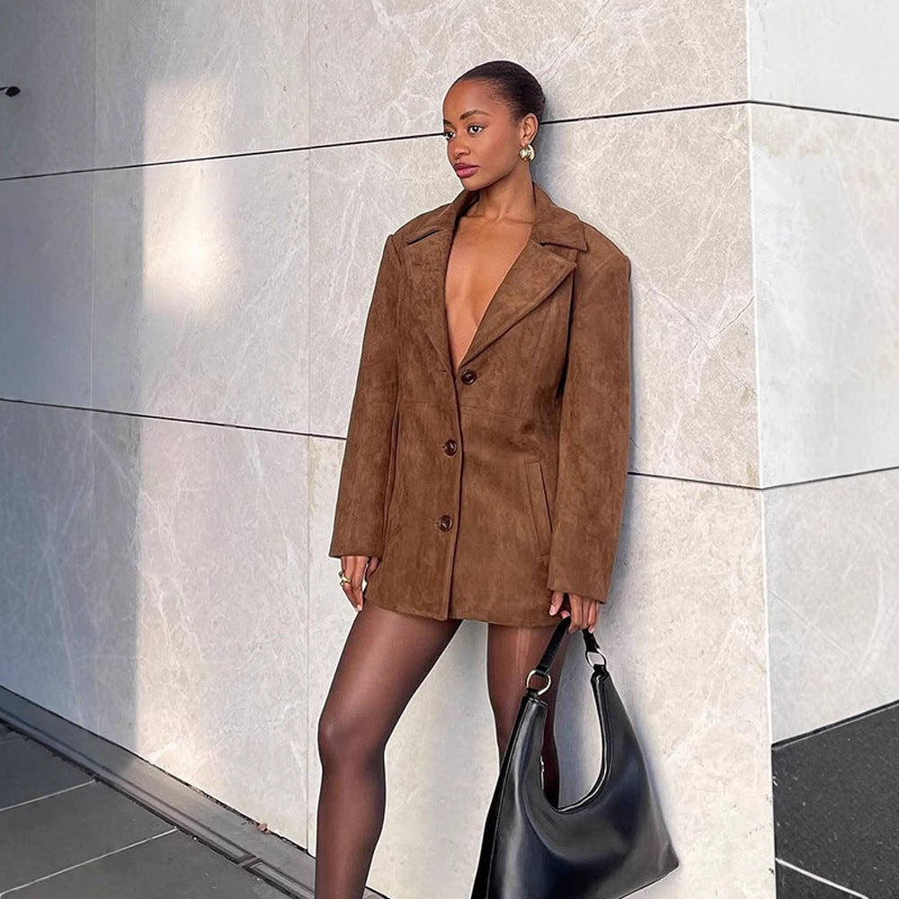 Women Short Suede Blazer Coat with Boxy Oversized Silhouette and Lapel Collar Mune Fashion
