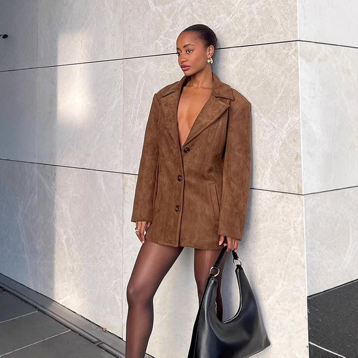 Women Short Suede Blazer Coat with Boxy Oversized Silhouette and Lapel Collar Mune Fashion