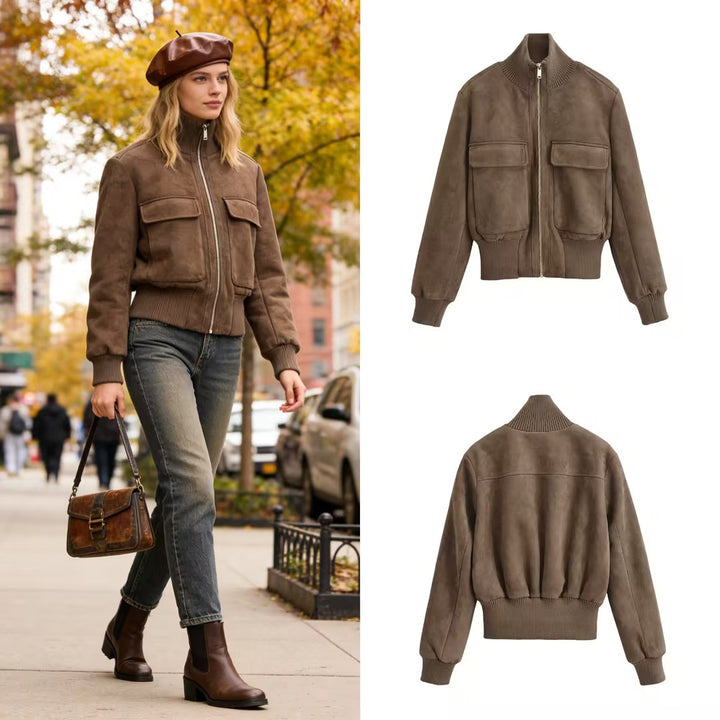 Women Short Cut Suede Look Bomber Jacket with Stand-Up Collar and Large Flap Pockets Mune Fashion