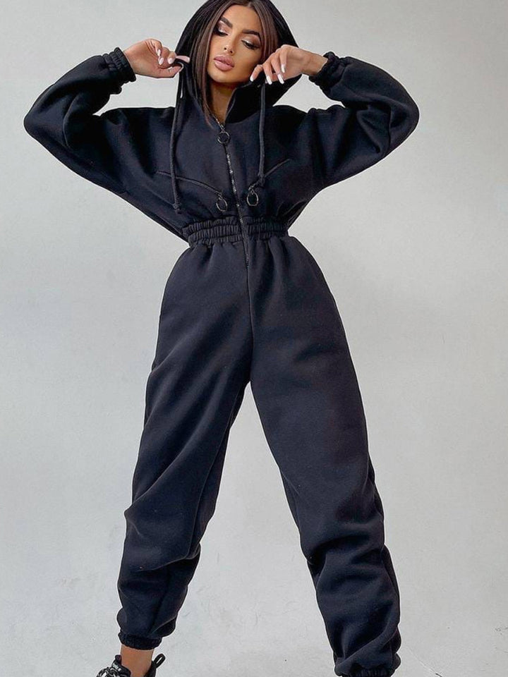 Ladies Tailored Hooded Sweat Jumpsuit with Zipper and Elastic Waistband Mune Fashion