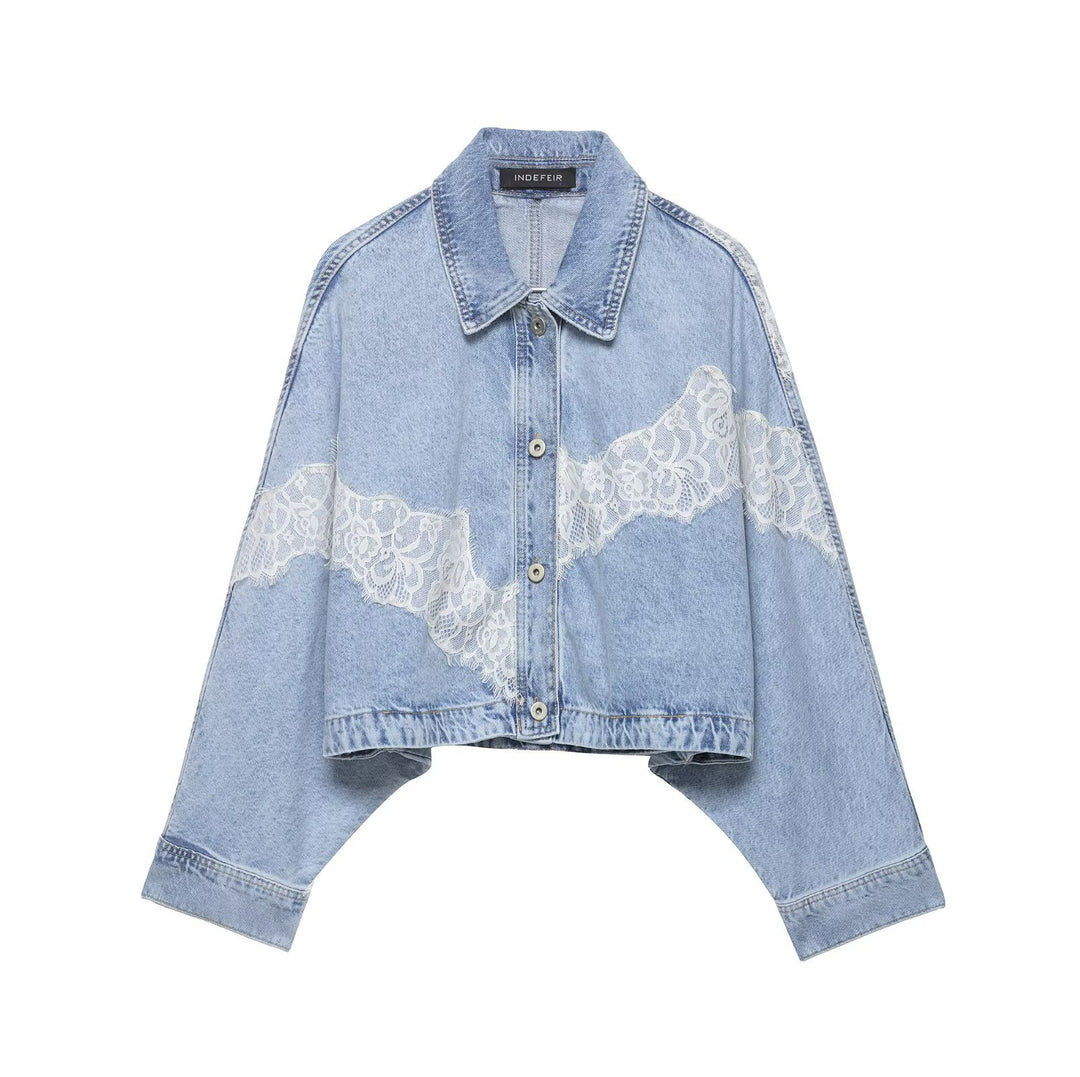 Women Short Cut Oversized Denim Jacket with Lace Detail and Batwing Sleeves Mune Fashion