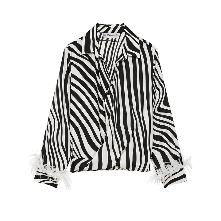Women Striped Cropped Shirt Blouse with Feather Trim Mune Fashion