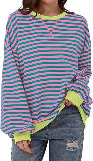 Women Casual Oversized Stripe Sweatshirt with Raglan Sleeves and Contrast Cuffs Drune