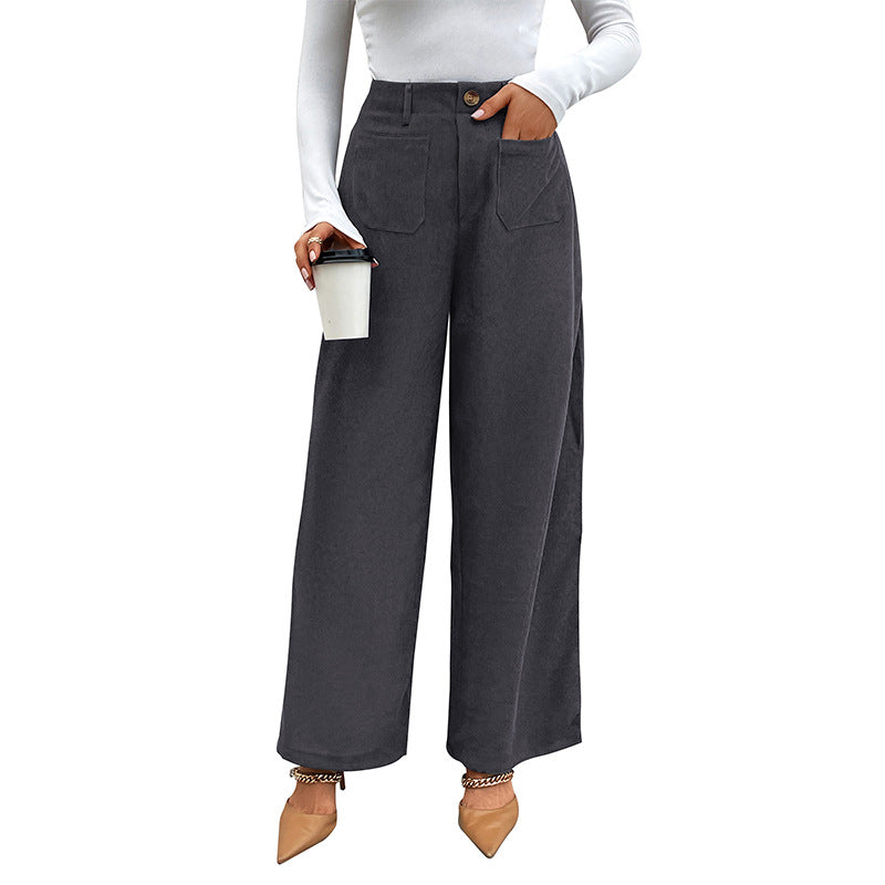 Women's wide corduroy pants with high waist, patch pockets, and wide legs Mune Fashion