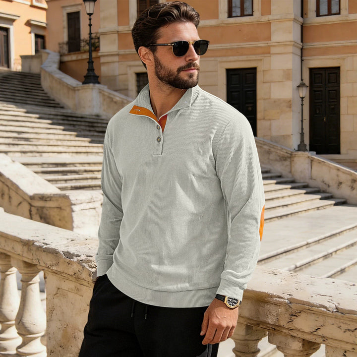 Men's fine ribbed knitted pullover with polo collar button placket and elbow patch Mune Fashion