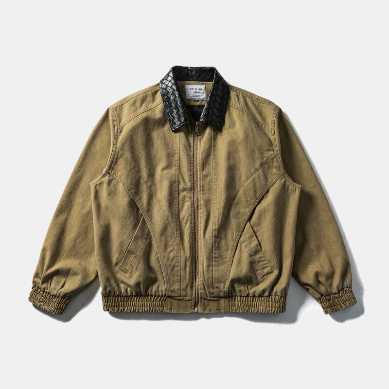 Men's Boxy Denim Blouson Jacket with Quilted Leather Collar and Elastic Cuffs Mune Fashion