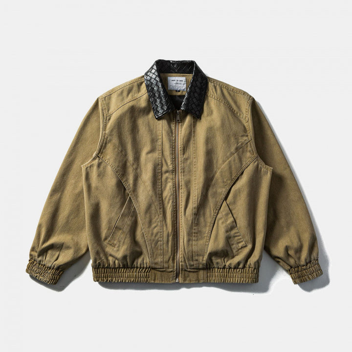 Men's Boxy Denim Blouson Jacket with Quilted Leather Collar and Elastic Cuffs Mune Fashion
