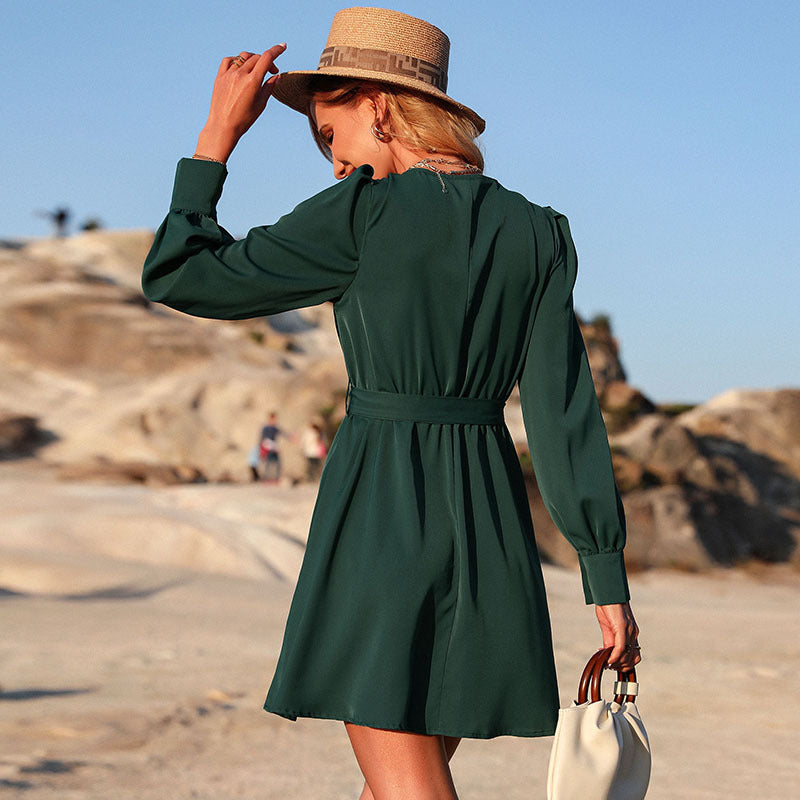 Women's Elegant Short Sleeve Dress with Belt Mune Fashion