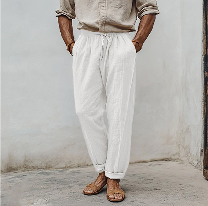 Men's casual linen blend jogger pants with drawstring, angled pockets and narrow ankle cuffs Mune Fashion