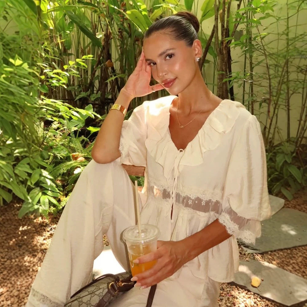 Women Romantic Linen Blouse with Ruffles, Lace Inserts & Cord Closure Mune Fashion