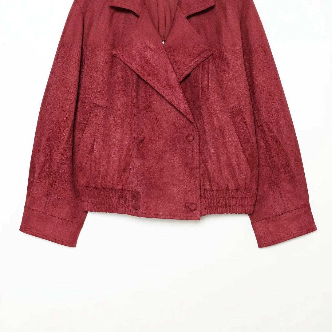 Women Short Cut Double Breasted Suede Look Coat with Shoulder Flaps Mune Fashion