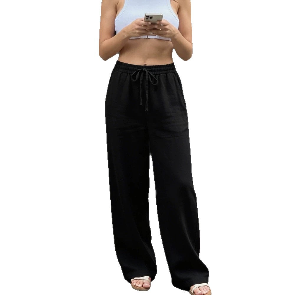 Women Wide Linen Look Pants with Elastic Waistband, Drawstring and Side Pockets Mune Fashion