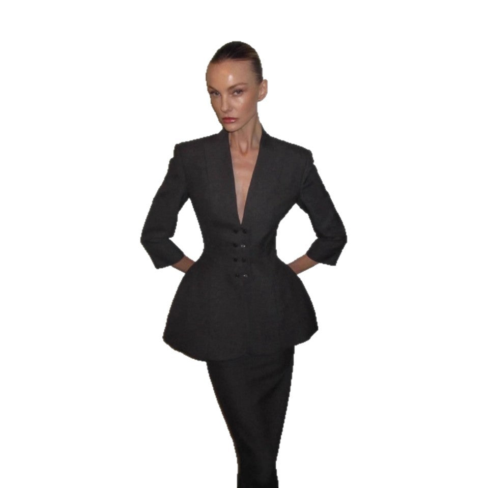 Women Tailored Peplum Blazer with Emphasized Waist and Deep V-Neck Mune Fashion
