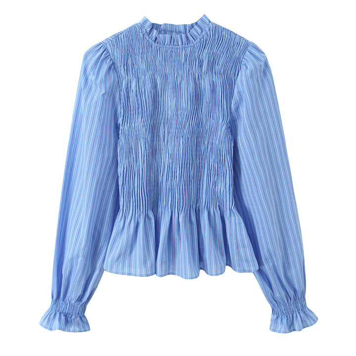 Women's Striped Blouse with Smocked Front, Stand Collar and Ruffled Hem Mune Fashion