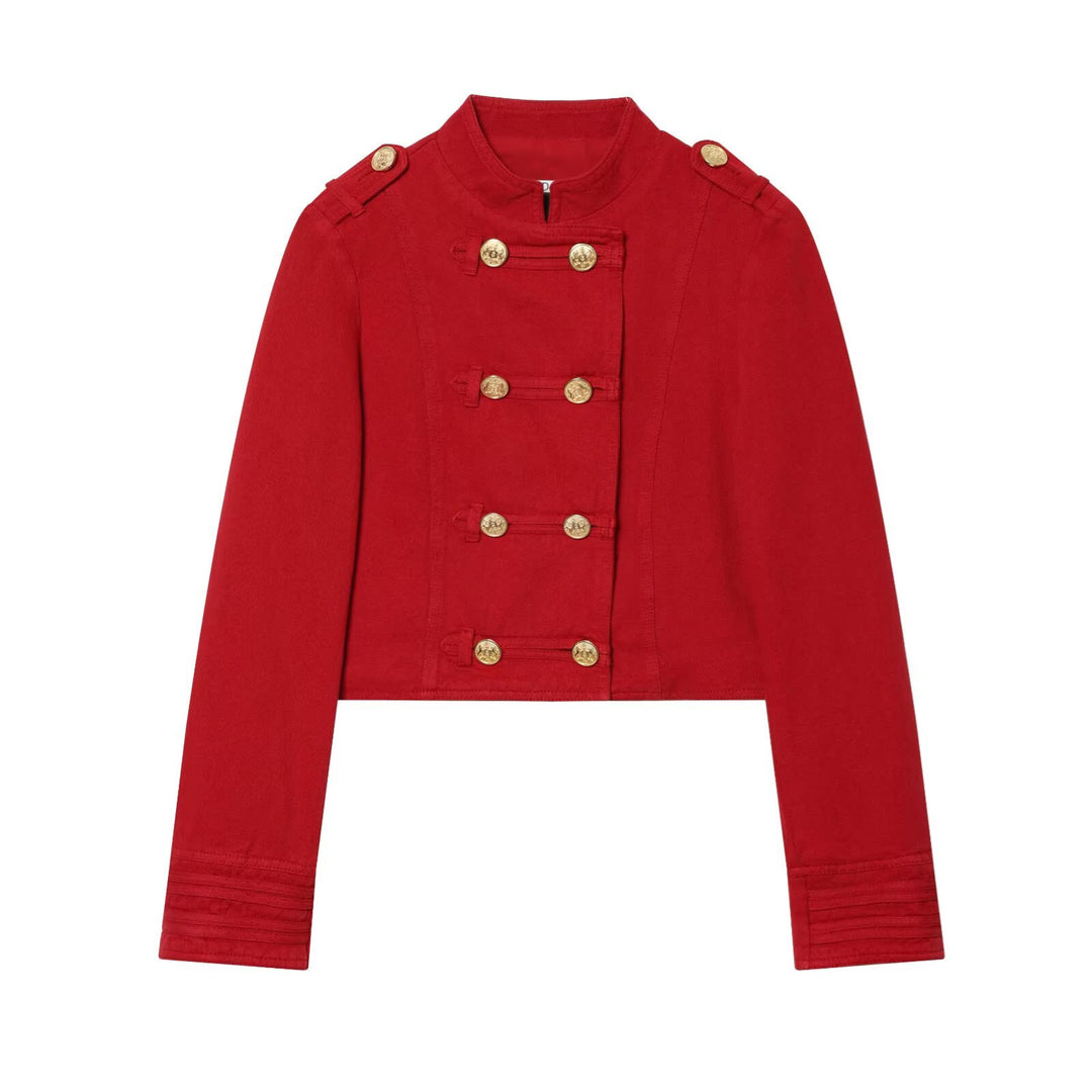 Women's Short Military-Inspired Jacket with Stand Collar and Decorative Buttons Mune Fashion