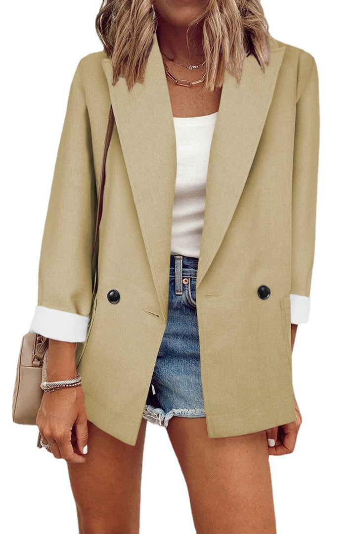 Women's Oversize Longline Blazer with 3/4 Sleeves, Contrast Lapel and Patch Pockets Mune Fashion