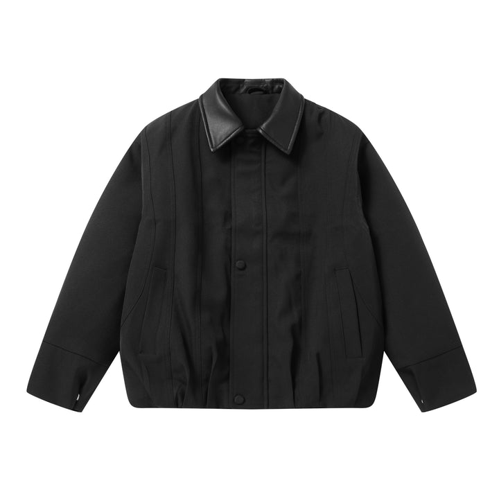 Men's Short Boxy Workwear Blouson with Leather Collar and Vertical Quilting Mune Fashion
