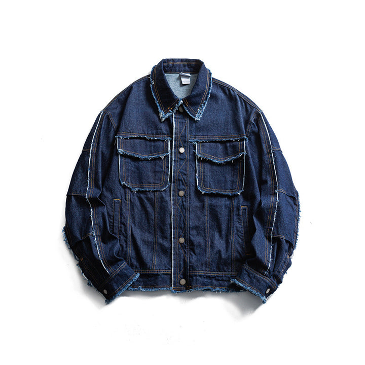 Men's Oversized Jeans Jacket with Frayed Edges and Large Flap Pockets Mune Fashion