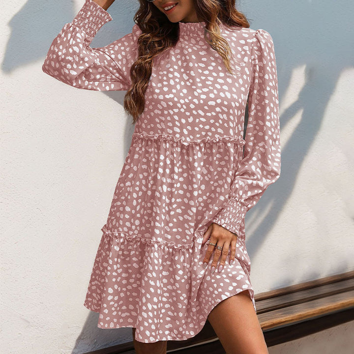 Women's Tiered Babydoll Midi Dress with Smocked Collar, Ruffle Layers and Gathered Cuffs